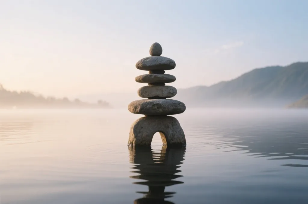 平衡的石头倒影在平静的水面上，象征心态平稳